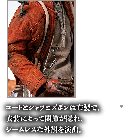 コートとシャツとズボンは布製で、衣装によって関節が隠れ、シームレスな外観を演出。
